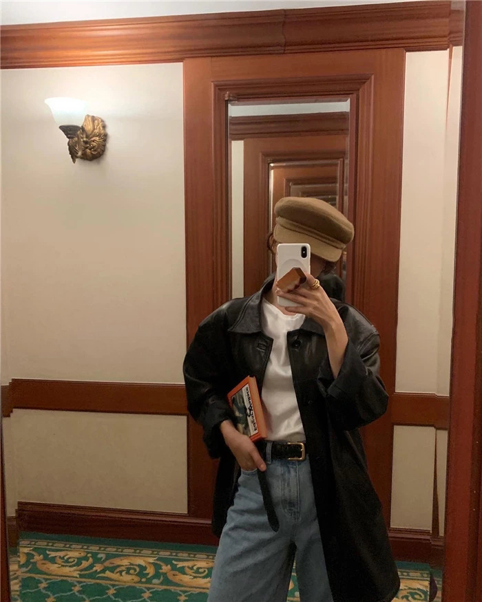 ᴷᴼᴿᴱᴬ 🇰🇷 寬鬆百搭環保皮個性翻領中長皮衣外套