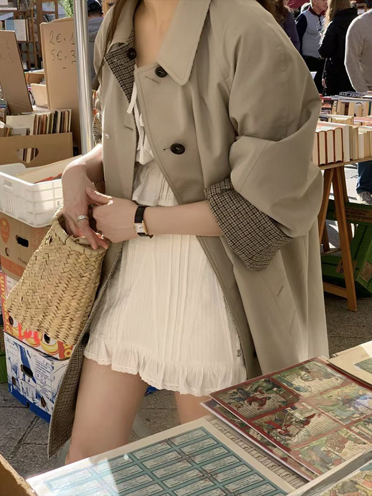 ᴷᴼᴿᴱᴬ 🇰🇷 新款復古小格紋休閒兩面穿長版風衣外套