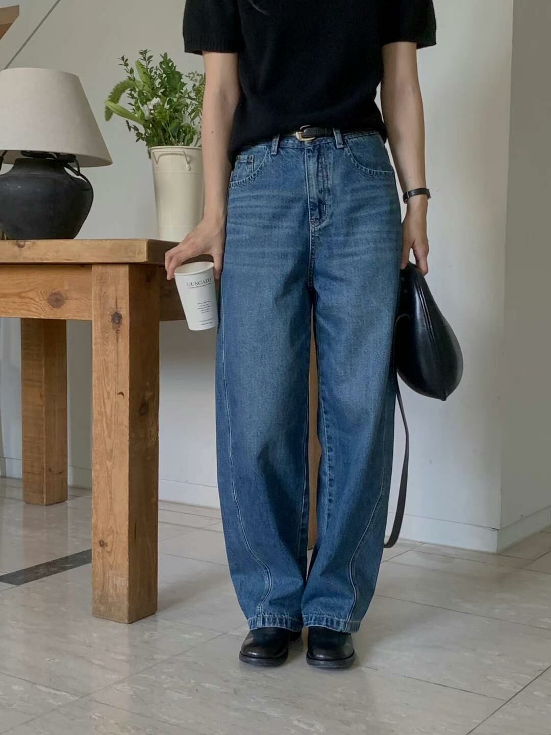 高腰寬管牛仔褲