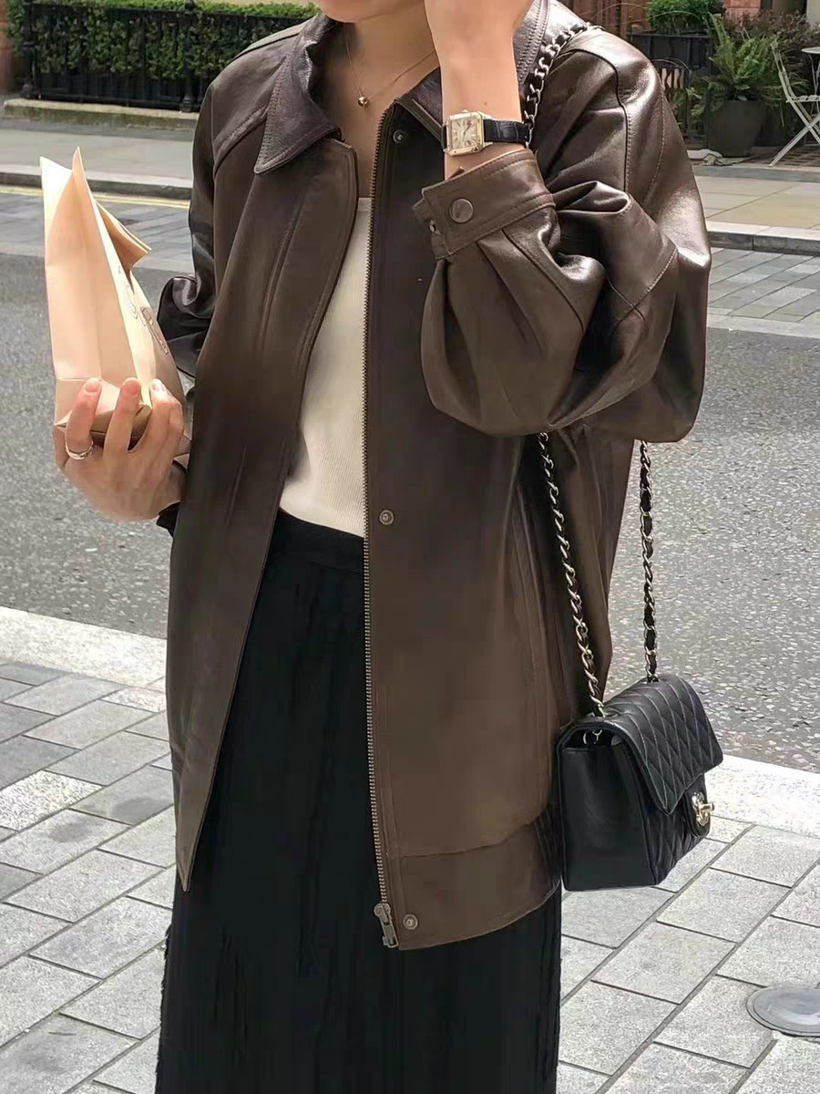 Ounce - 氣質復古氛圍感純色顯瘦翻領皮衣(兩色)