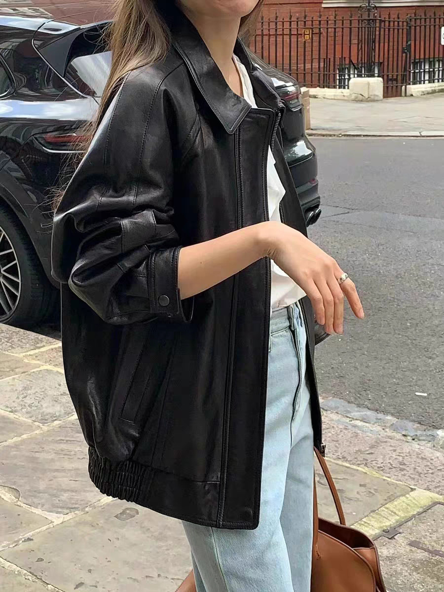 Ounce - 氣質復古氛圍感純色顯瘦翻領皮衣(兩色)