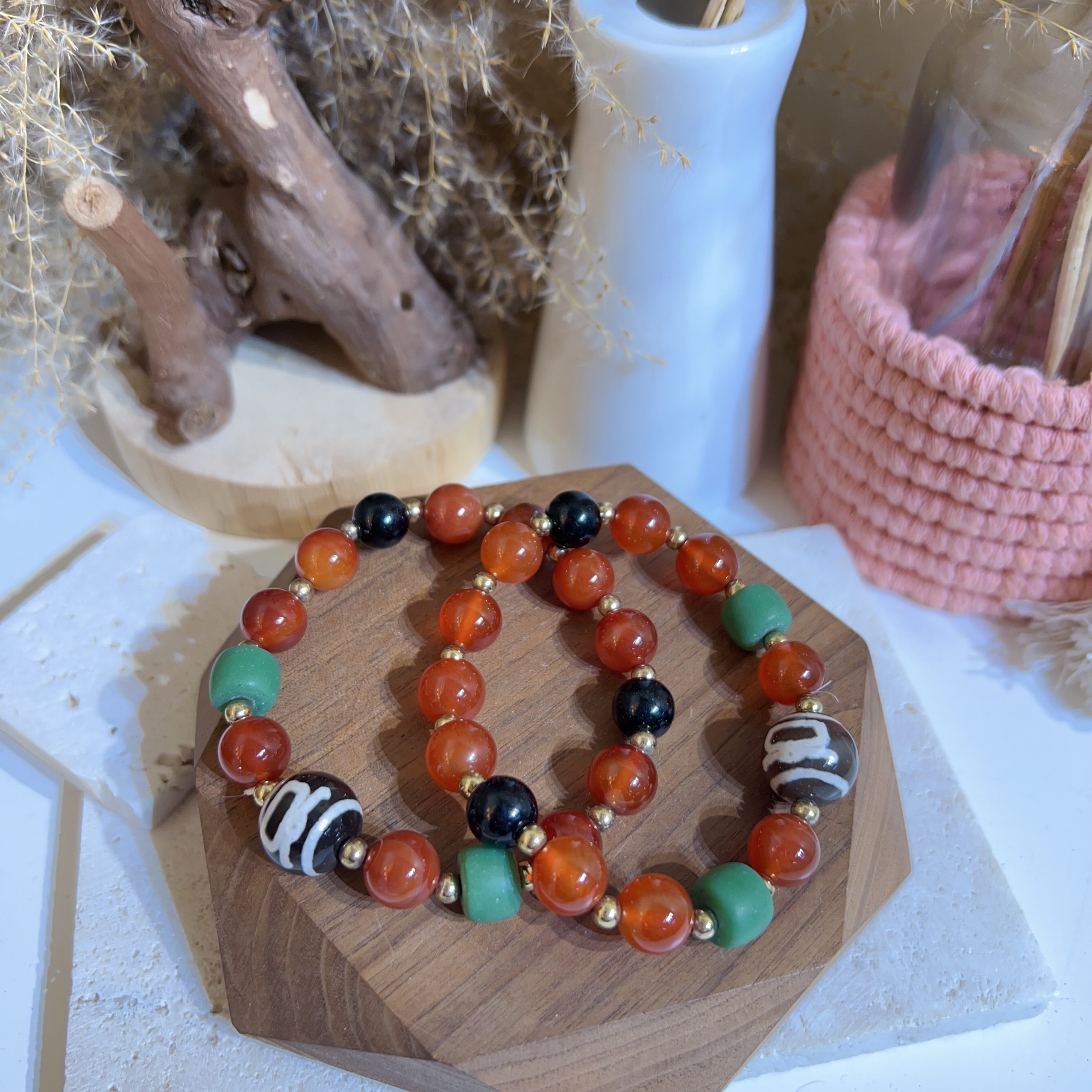 紅瑪瑙綠隔珠天珠手串 10mm