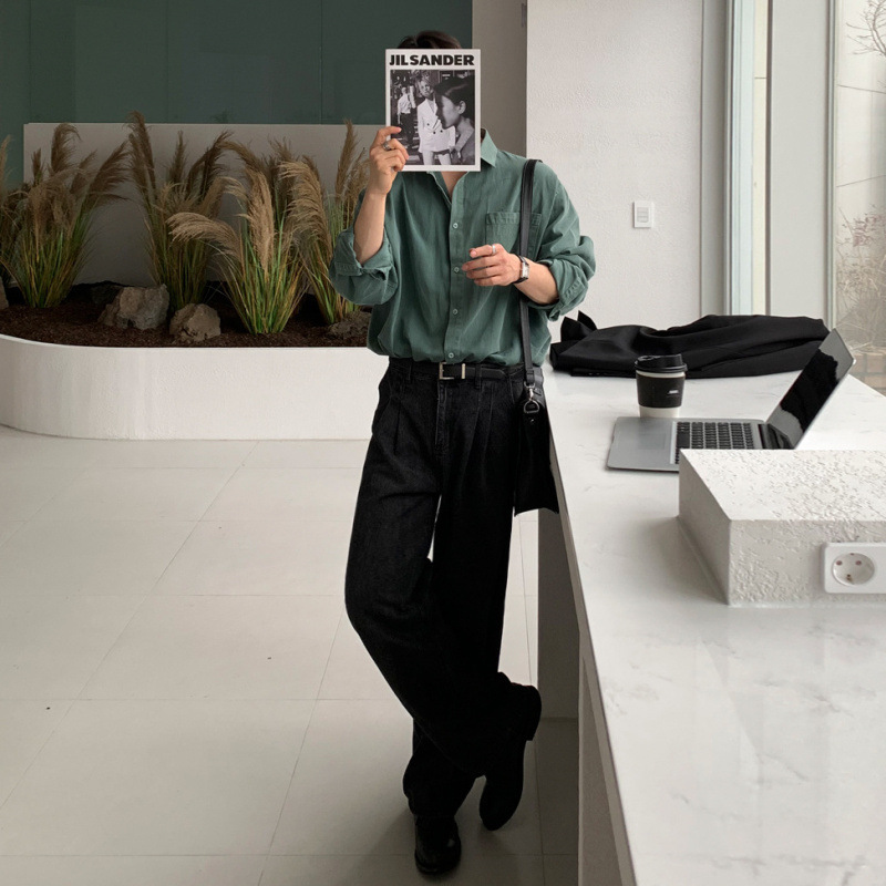 韓系秋季水洗綠寬鬆襯衫