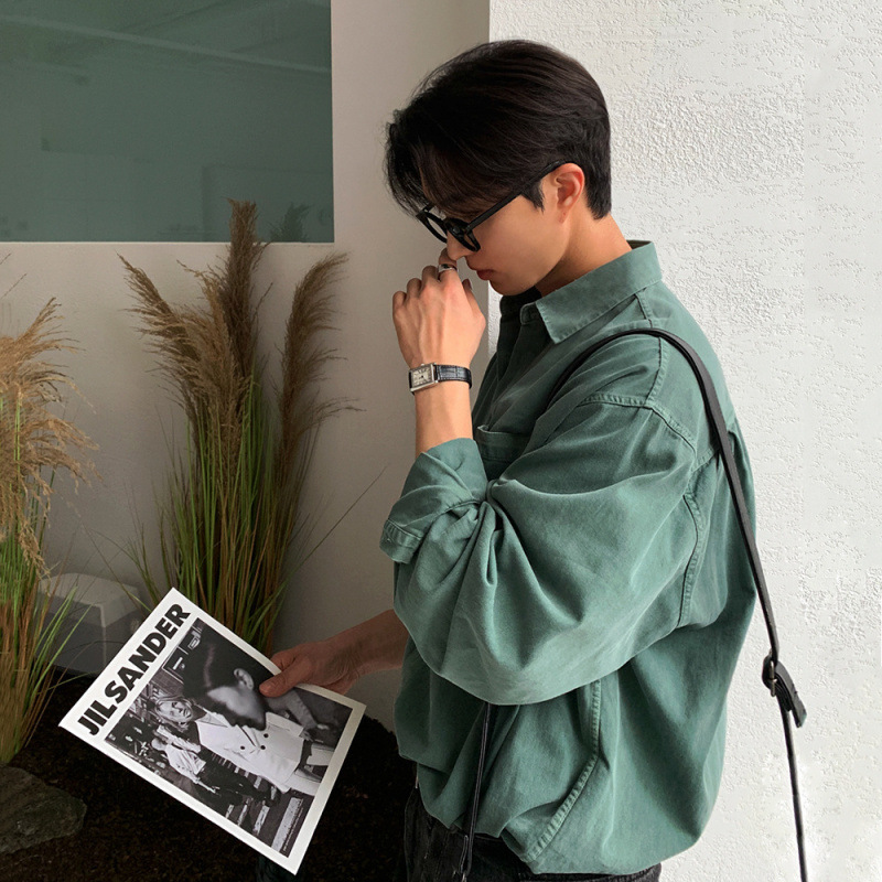 韓系秋季水洗綠寬鬆襯衫