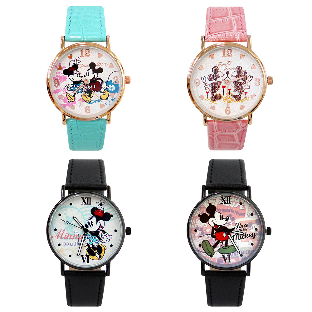 【兒童錶】Disney 迪士尼 授權 經典組合 米奇 米妮 甜蜜 可愛 氣質 彩色 黑色 皮帶 腕錶 手錶