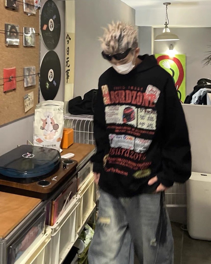 美式復古印花長袖連帽上衣