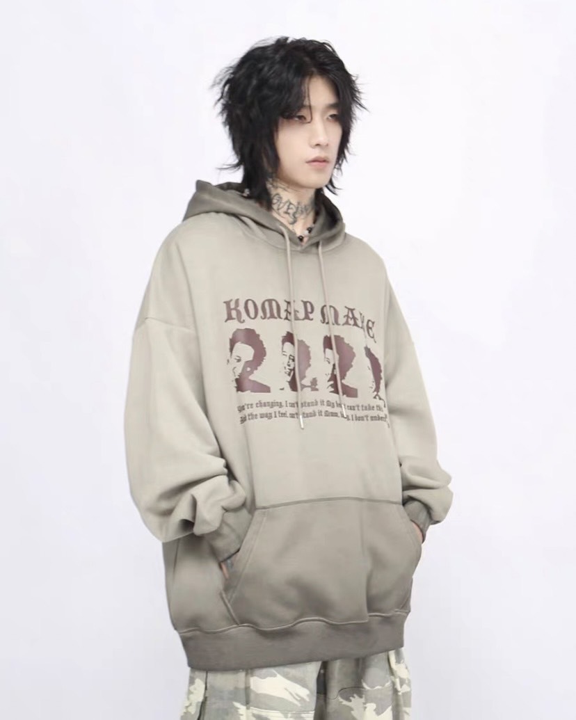 美式復古小眾做舊人像印花帽T