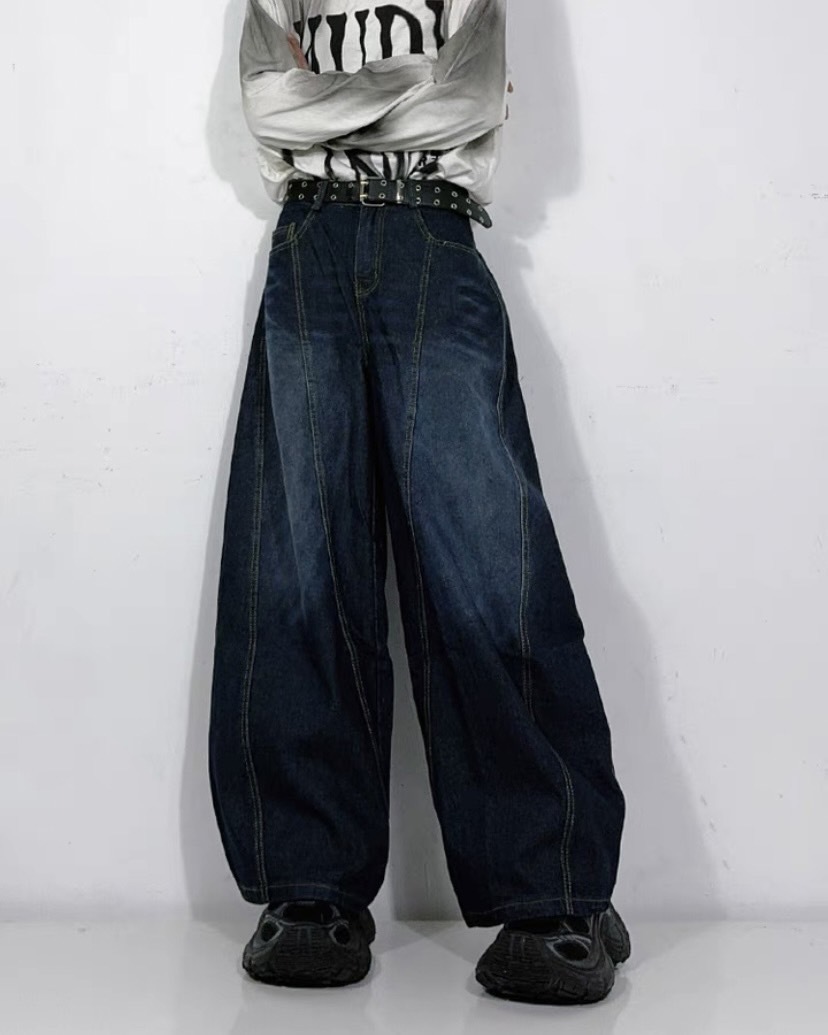 美式刺繡彎刀牛仔寬褲