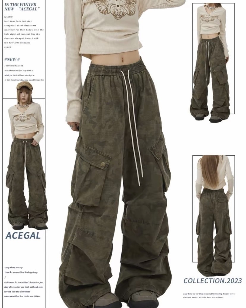 美式高街廢土風闊腿迷彩褲