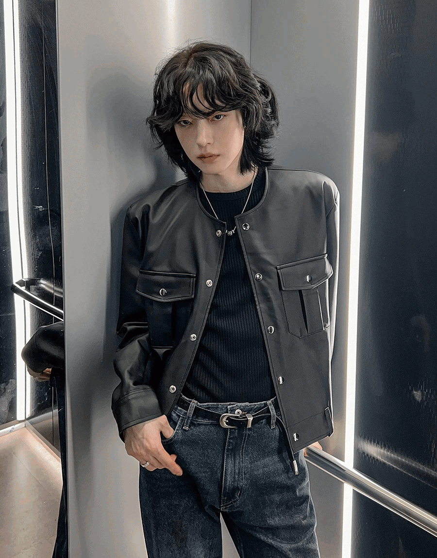 圓領口袋皮夾克