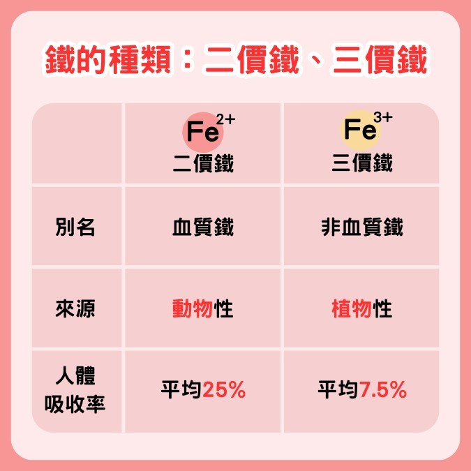 鐵質分為兩種：二價鐵、三價鐵
