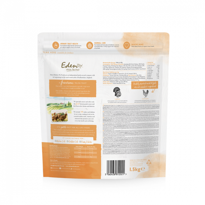 Eden 全營宴系列 火雞和雞肉 貓乾糧1.5公斤 (適合幼貓、成年貓和老年貓)