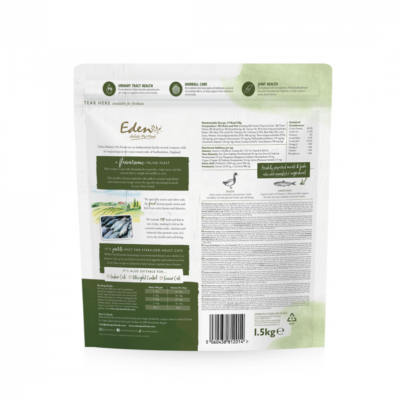 Eden全營宴系列 鴨肉沙甸魚 貓乾糧1.5公斤 (適合成貓和老年貓)