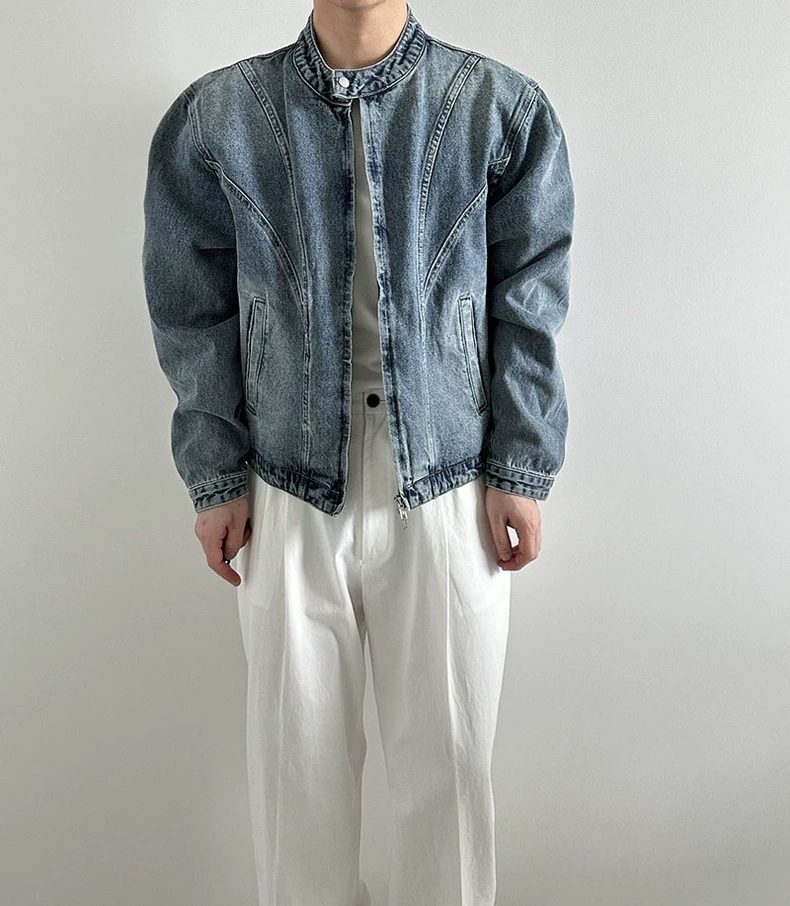 圓領剪裁牛仔機車夾克外套