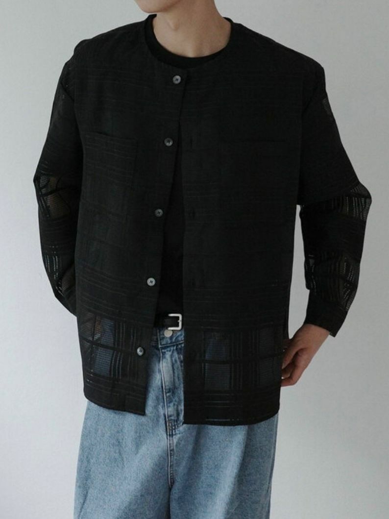 圓領暗格紋長袖恤衫 MALENKII-083S