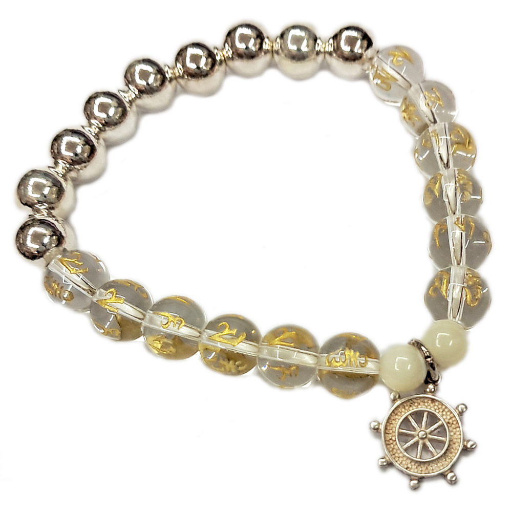 法輪{純銀}&銀珠&六字真言水晶手珠8mm【十方】153502