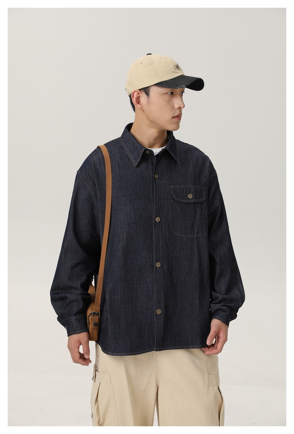 10M09 日系復古感翻領牛仔襯衫 一色