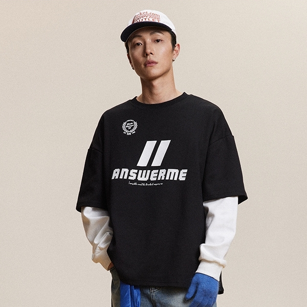 10M02 撞色拼接感假兩件上衣 兩色