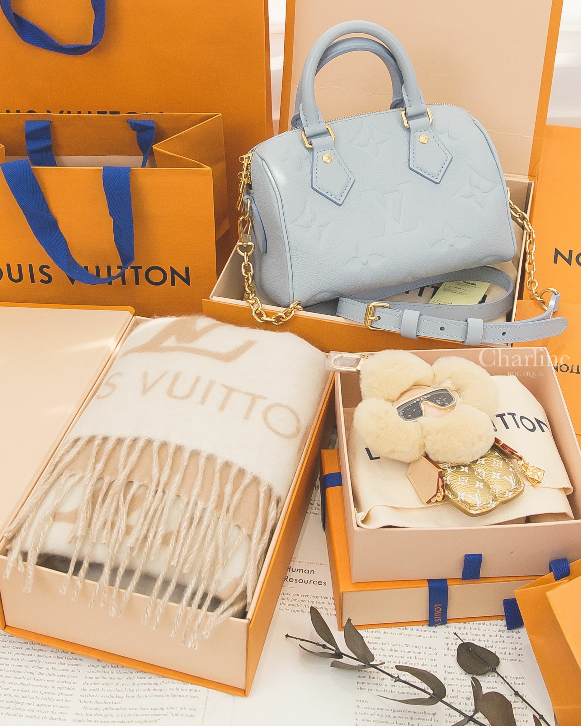 LV Speedy 20 灰藍色金鍊Logo粒面牛皮手提肩背包,LV Scarf 淺米色拼米色Logo 喀什米爾流蘇圍巾,LV Vivienne 金色老花米色絨毛手提金色鏈帶包金框黑墨鏡玩偶金釦吊飾-Charline Boutique 精品代購