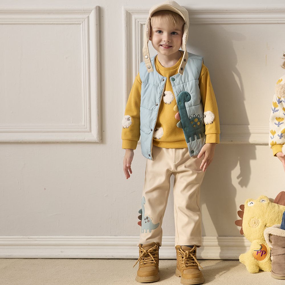 PIPPY 可愛小恐龍繡花棉質長褲 米