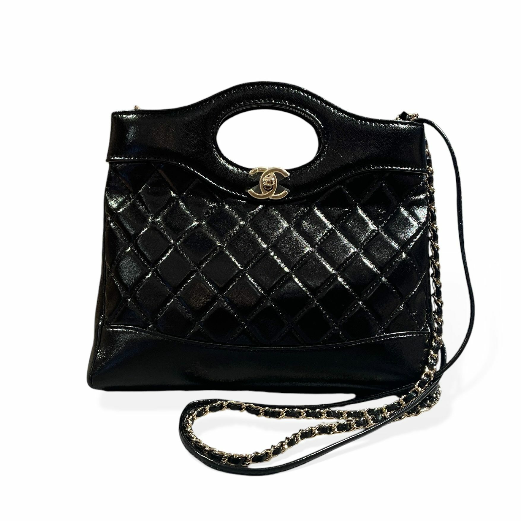 全新CHANEL 31 BAG Mini  AS4133 , 黑色光面小牛皮鏈條包, 淡金扣x菱格紋 @晶片 #BRAND NEW #香榭站正品