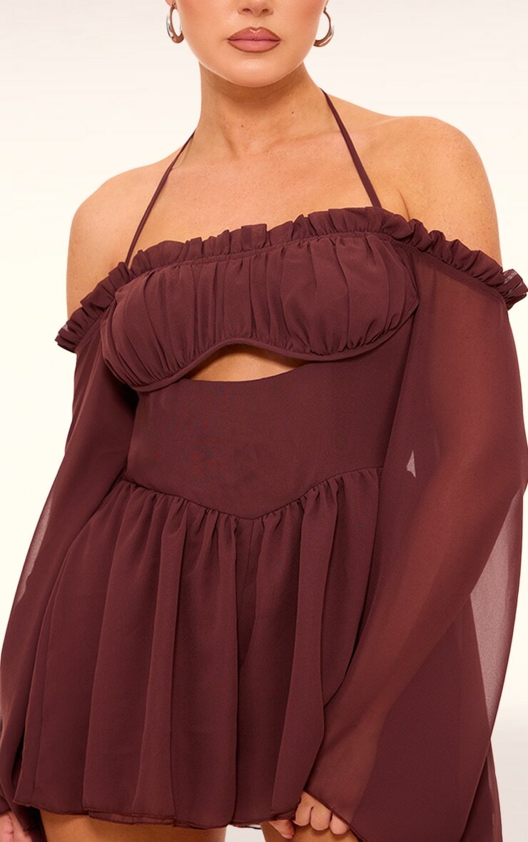 Love Chocolate巧克力色露肩寬袖 Cutout雪紡連身短褲Romper