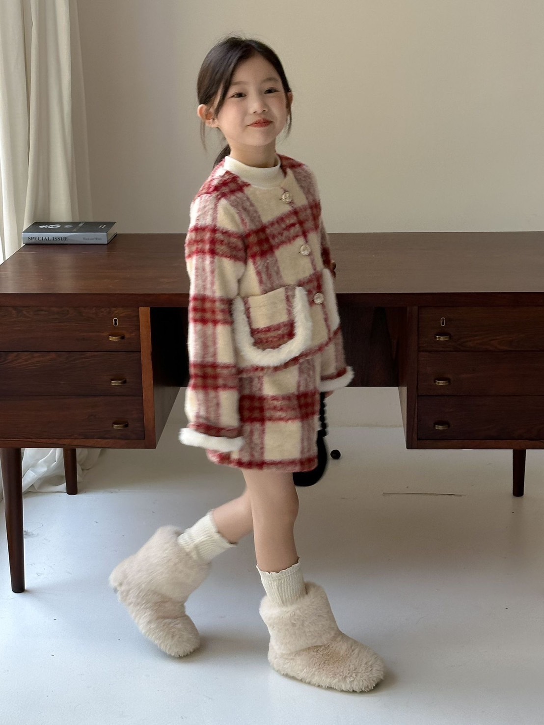 紅色格子夾棉外套套裝