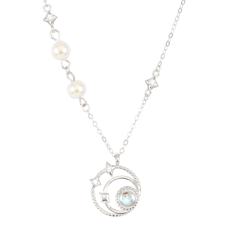 純銀對鍊，情侶項鍊 圓潤珍珠點綴柔和月光石；寓意永恆不變的陪伴與守護（3886女款）