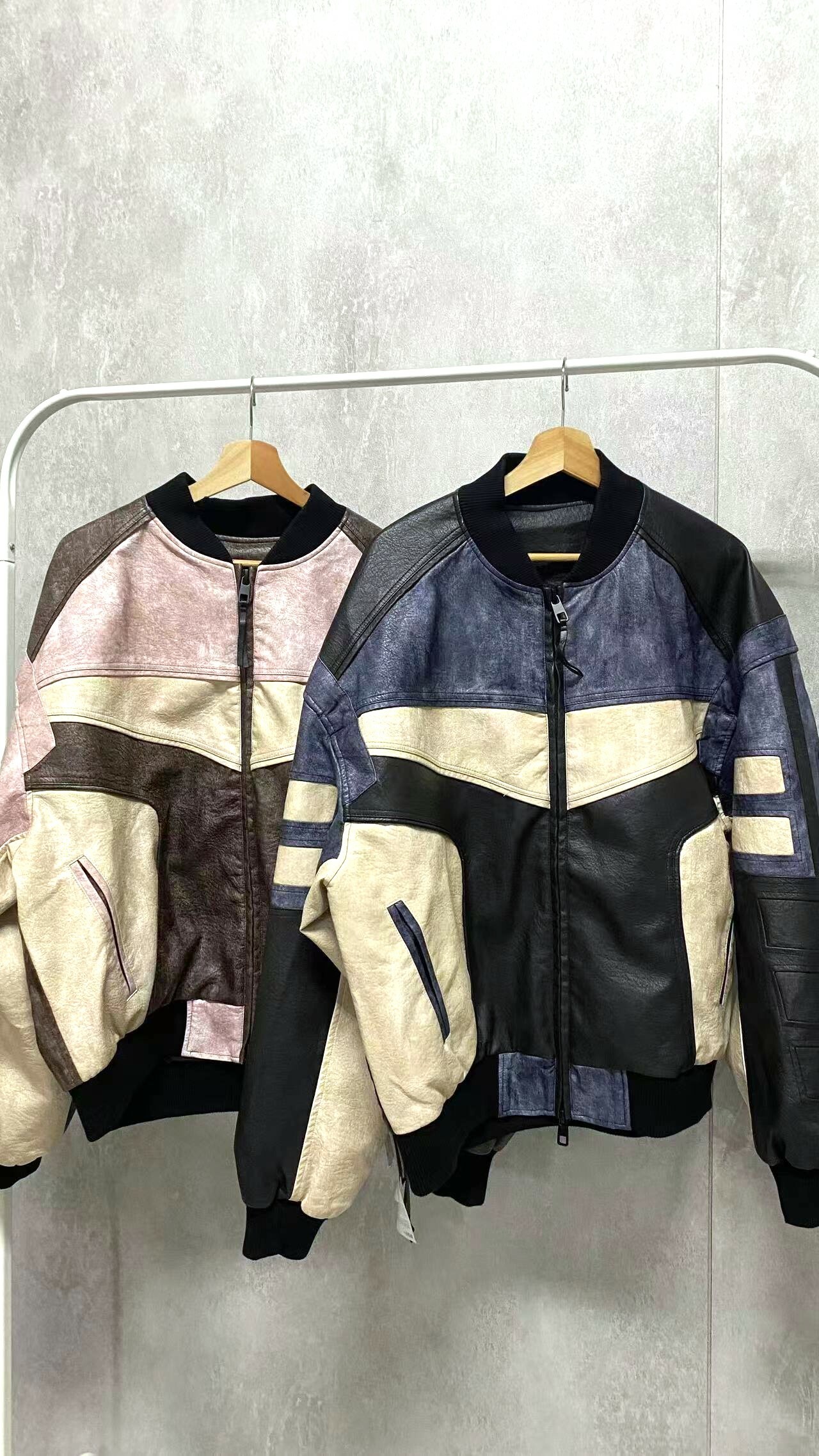 美式潮牌拼接撞色棒球領皮衣外套