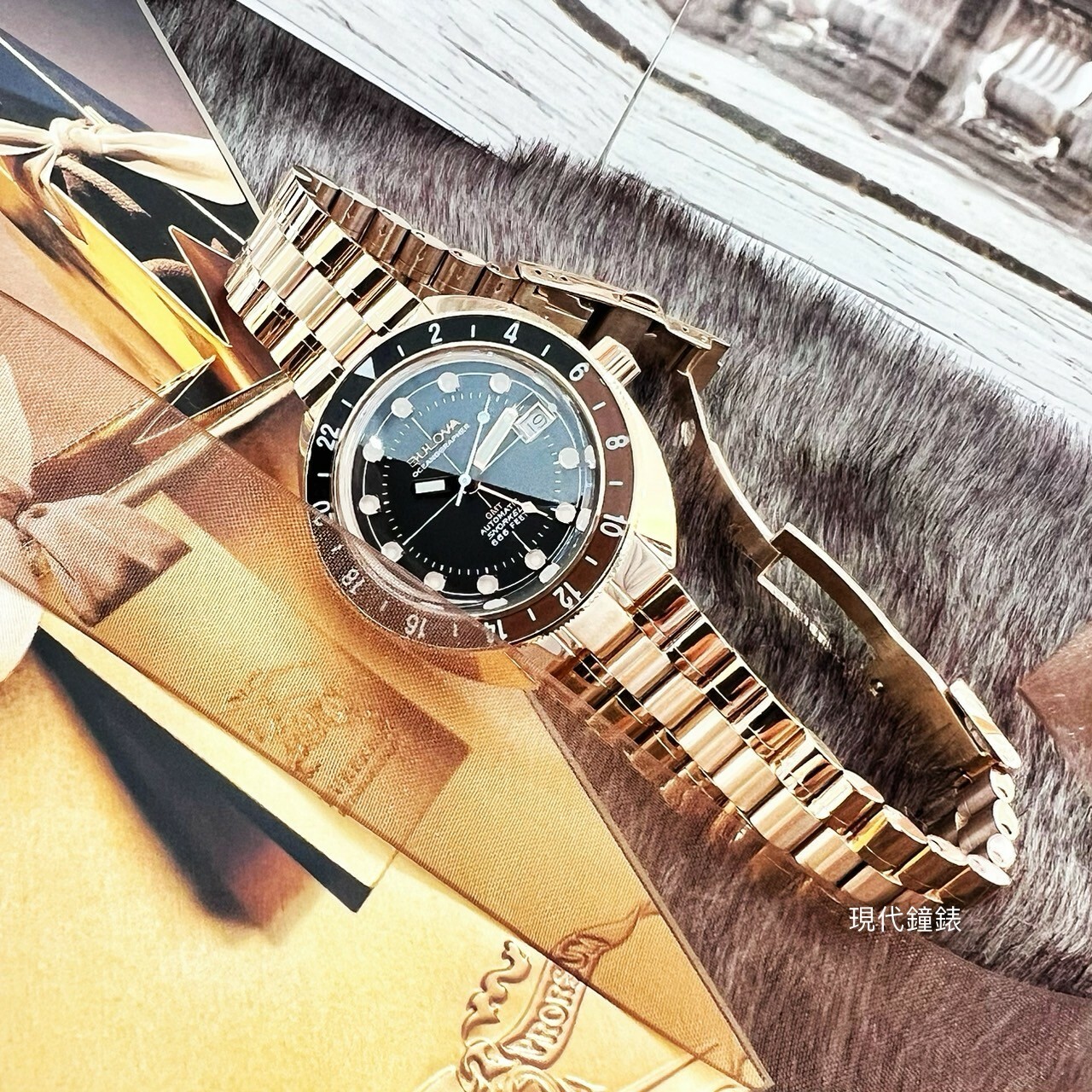 【BULOVA 寶路華】Oceanographer 惡魔潛水員玫瑰金專業機械潛水GMT男錶 97B215 41mm 現代鐘錶