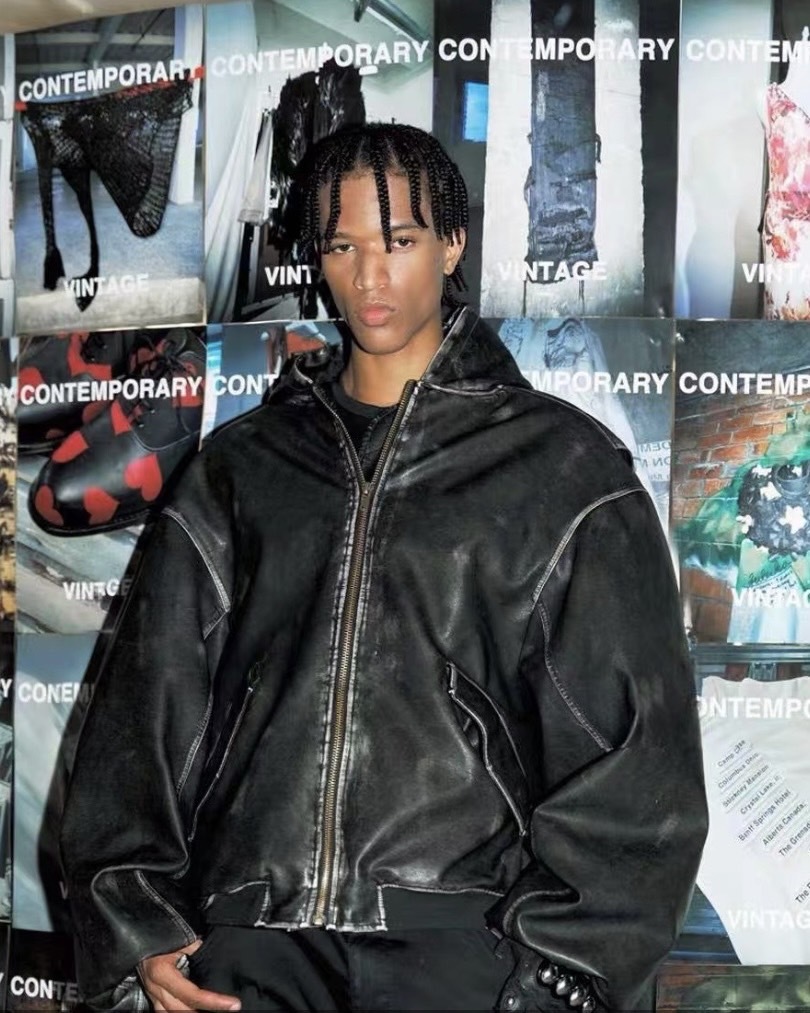 美式潮流高街擦色皮革夾克外套