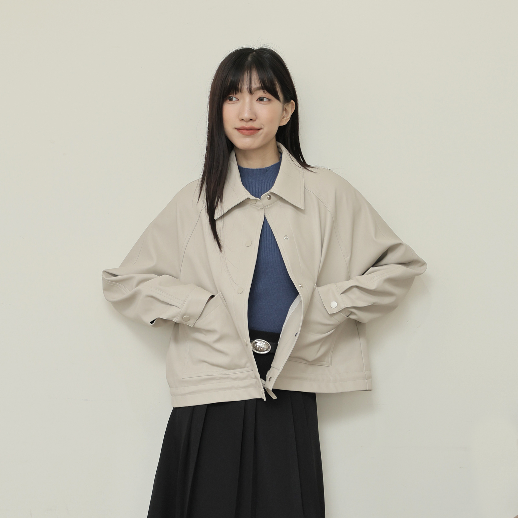 OH！HER 抽繩收腰雙口袋皮質外套