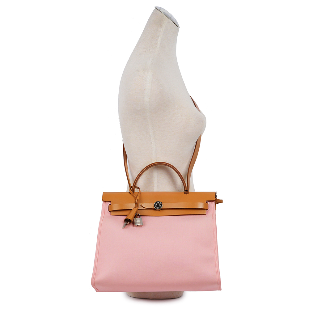 【HERMES】牛皮+帆布 Herbag 31cm (粉色/焦糖色)