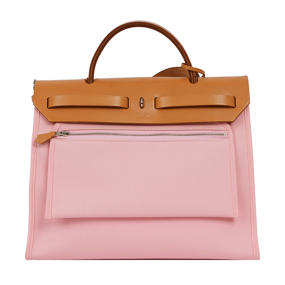 【HERMES】牛皮+帆布 Herbag 31cm (粉色/焦糖色)