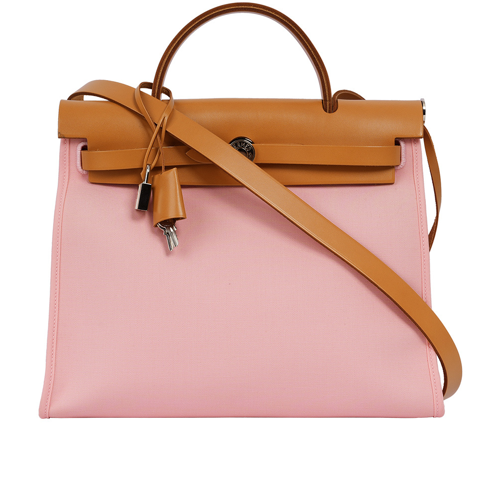 【HERMES】牛皮+帆布 Herbag 31cm (粉色/焦糖色)