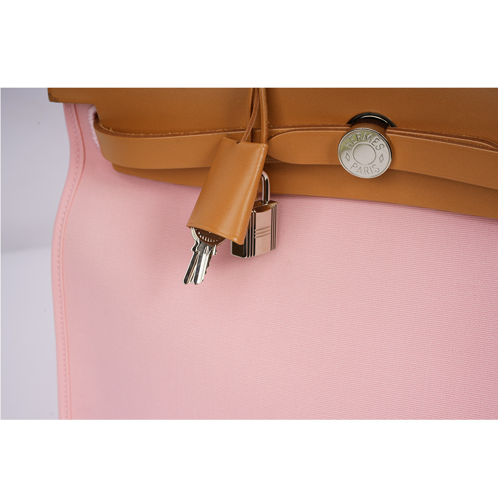 【HERMES】牛皮+帆布 Herbag 31cm (粉色/焦糖色)