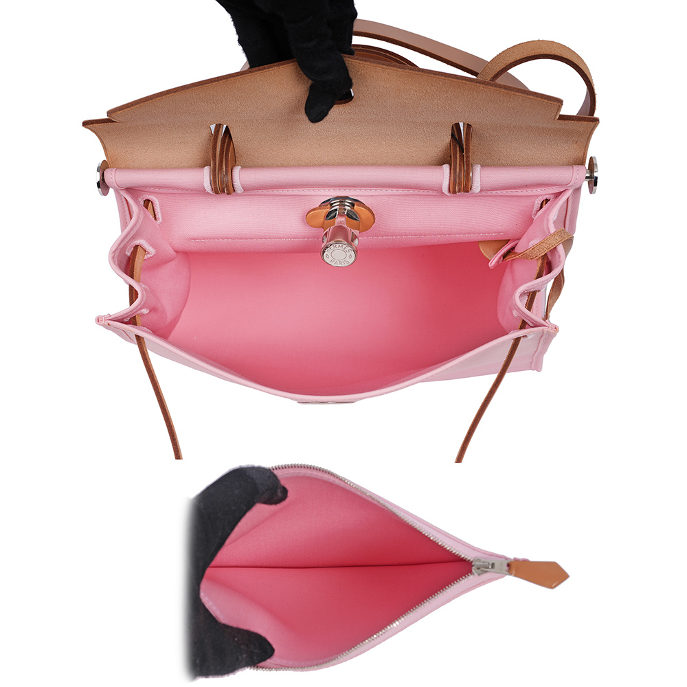 【HERMES】牛皮+帆布 Herbag 31cm (粉色/焦糖色)
