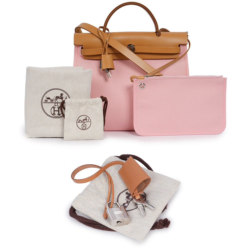 【HERMES】牛皮+帆布 Herbag 31cm (粉色/焦糖色)