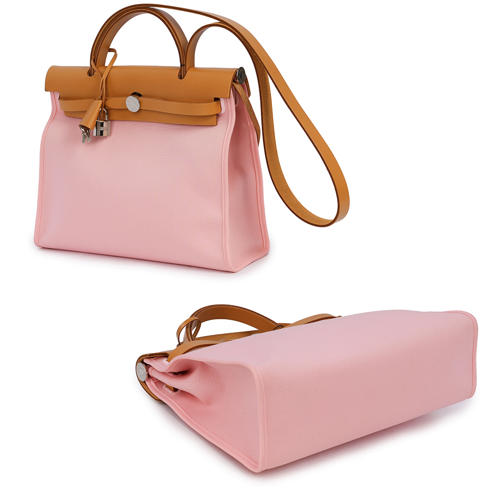 【HERMES】牛皮+帆布 Herbag 31cm (粉色/焦糖色)