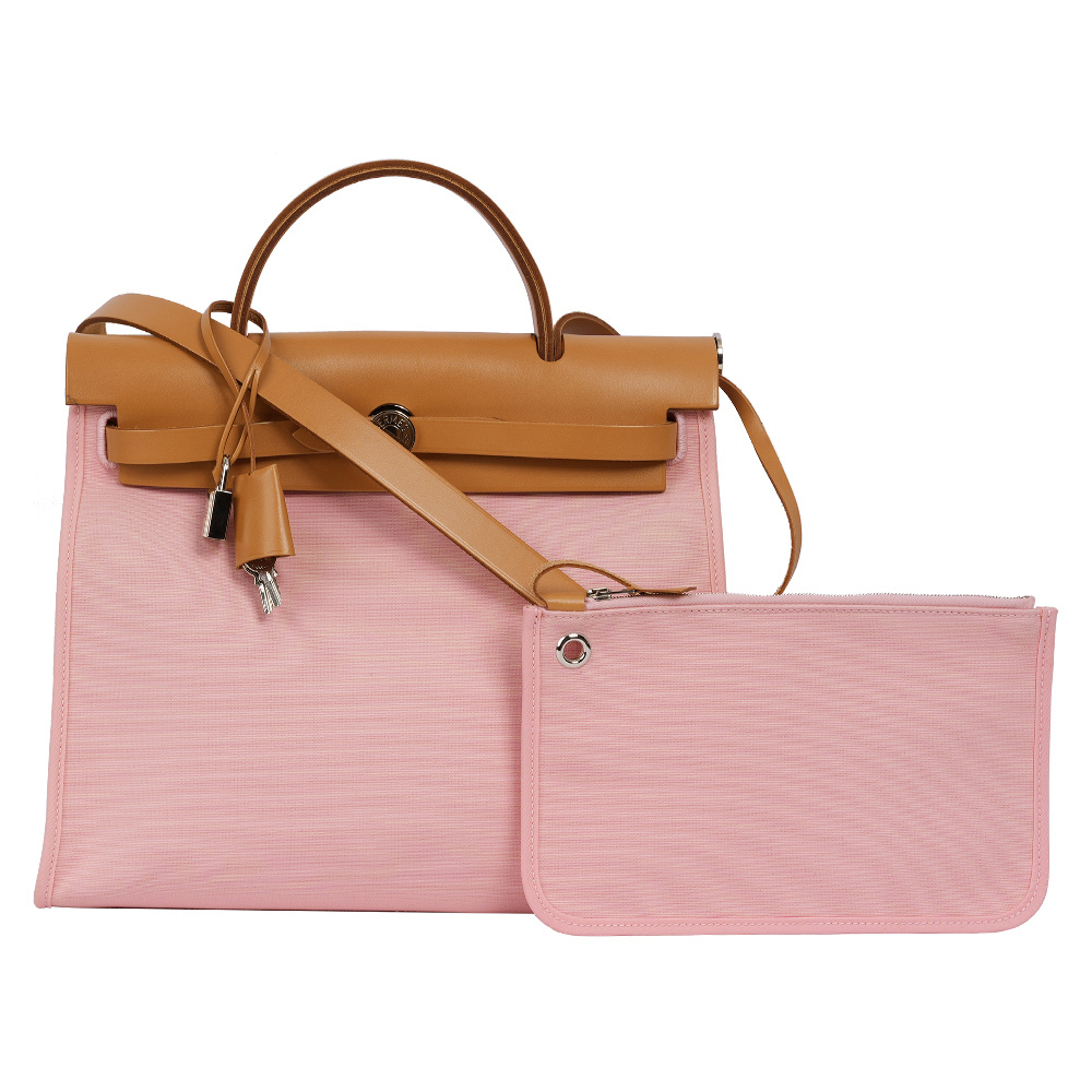 【HERMES】牛皮+帆布 Herbag 31cm (粉色/焦糖色)