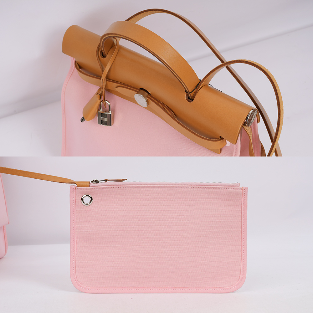 【HERMES】牛皮+帆布 Herbag 31cm (粉色/焦糖色)