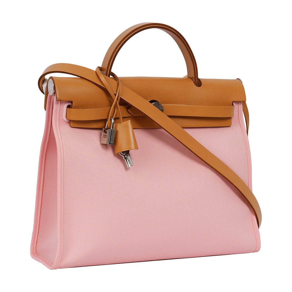 【HERMES】牛皮+帆布 Herbag 31cm (粉色/焦糖色)