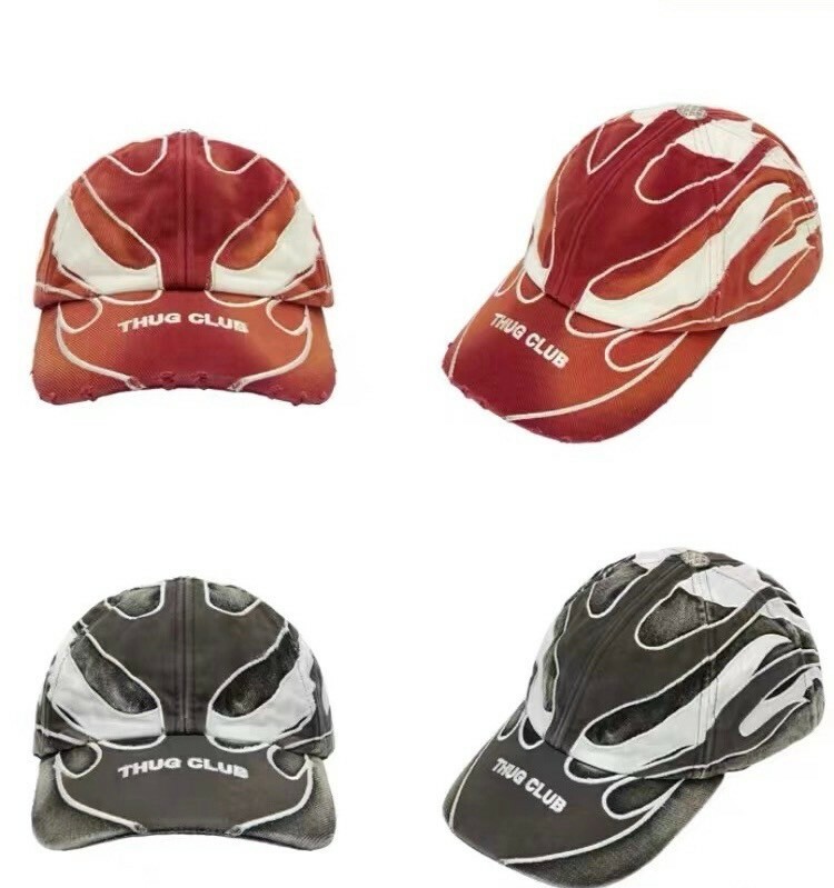 THUG CLUB 解構火焰 水洗做舊拼接 刺繡Logo老帽 棒球帽