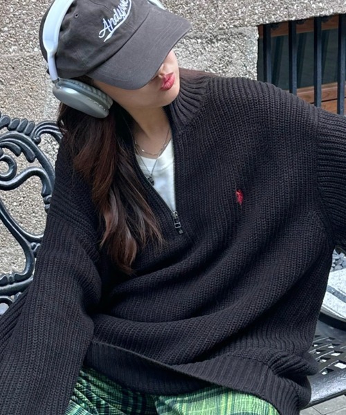 預購┃U.S. POLO ASSN. 刺繡 寬鬆 半拉鍊 針織 上衣