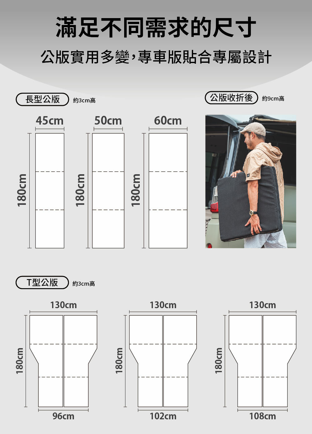 多種露營床墊尺寸選項，包含長型公版與T型版本，適合不同車型與露營需求，折疊後易於攜帶