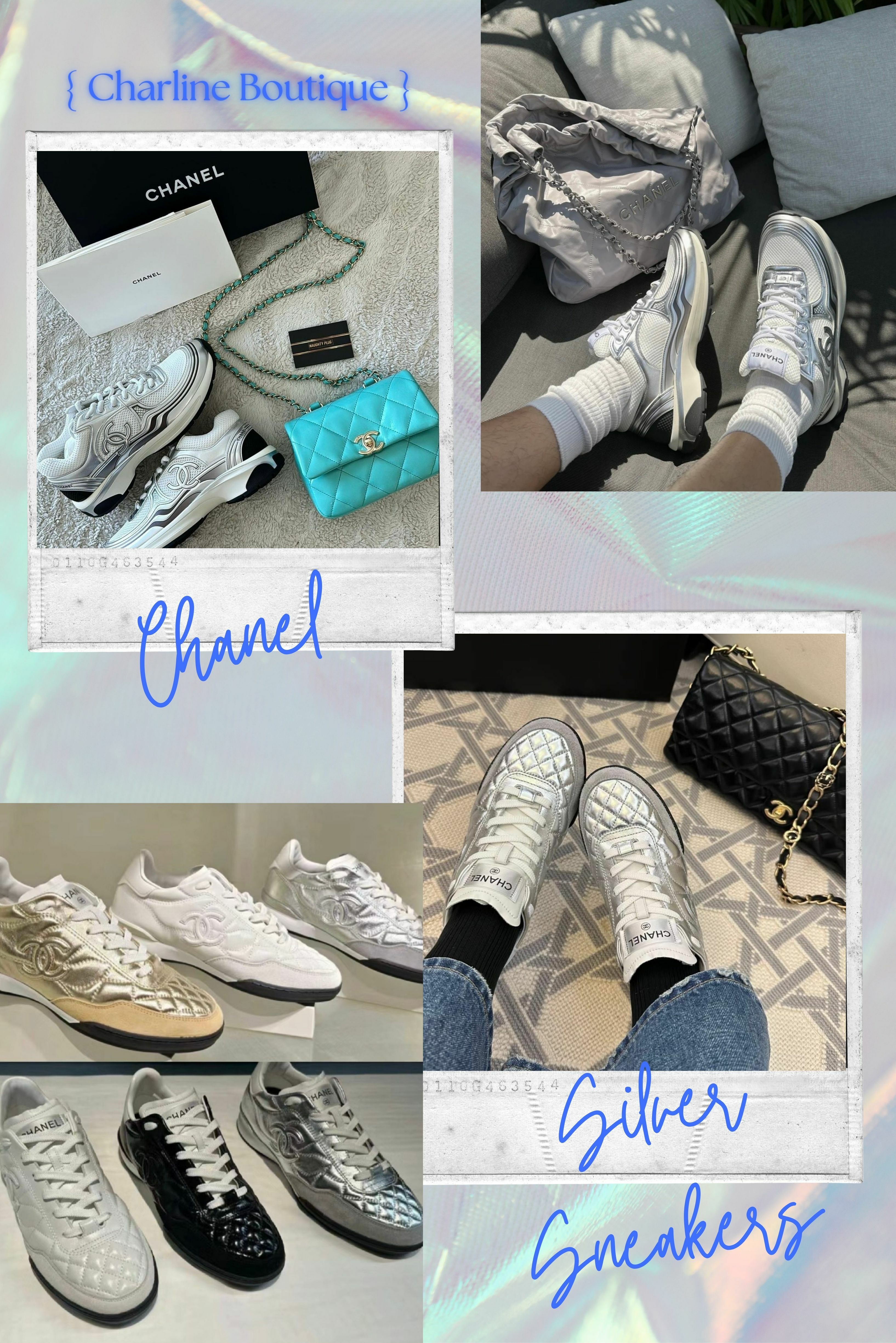 Chanel  說到銀色鞋，肯定不能錯過我們精品龍頭，女孩們的夢想-香奶奶呀，這一雙銀角大王風靡了整個時尚圈，專櫃一雙難求，也讓代購們傷透腦筋的一雙鞋，他集於一身的優點，唯一缺點大概就是價格偏高一點，另外一雙銀色德訓鞋也是銀角大王後再推出的一雙熱門鞋款， 造型比銀角大王秀氣，尖圓頭的設計可以完美修飾任何腳型，這一雙還有一個特點就是，在鞋面展示出Chanel具代表性的菱格紋，讓你每一步都散發出無比的光芒～想要入手一雙Chanel的銀色鞋款可以考慮這兩雙 ！