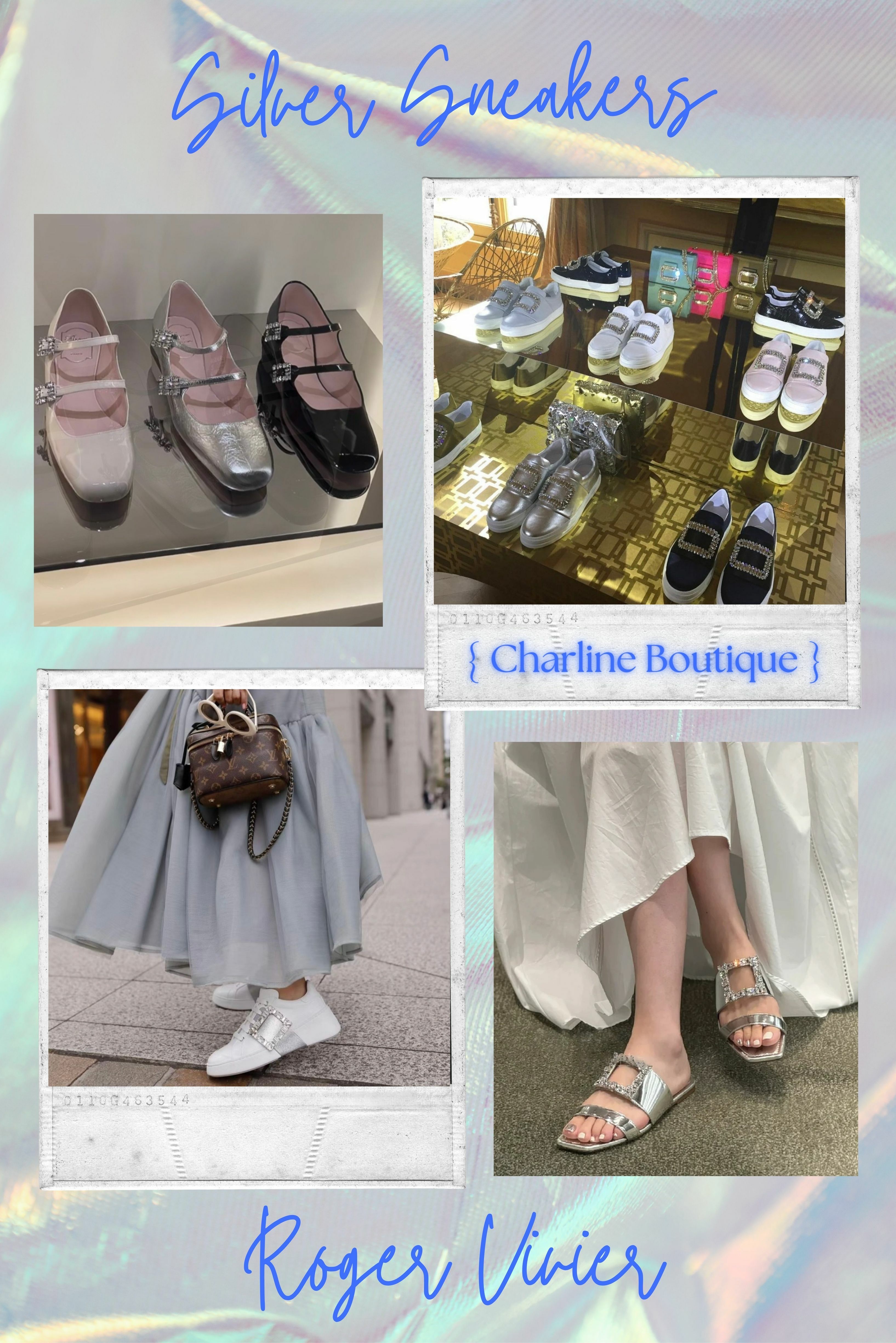 Roger Vivier  Roger vivier可以說是銀色鞋子的始祖，從跟鞋到芭蕾平底鞋或是球鞋應有盡有！再面料上面也從亮面，銀蔥霧面，滑面銀色也都能有，品牌經典的 Viv' Run 球鞋、Belle Vivier 跟鞋、花鑽裝飾平底鞋以及銀色拖鞋等系列，都將銀色元素發揮得淋漓盡致，滿足了各種場合下的穿搭需求。每一雙鞋都展現出 Roger Vivier 對細節的極致追求，讓每位穿上它的人都能散發出優雅而又前衛的氣質。無論是想要展現奢華感還是低調時尚，都能在 Roger Vivier 的設計中找到滿意的選擇。可以說是在銀色鞋子的選擇上最多的一個品牌！
