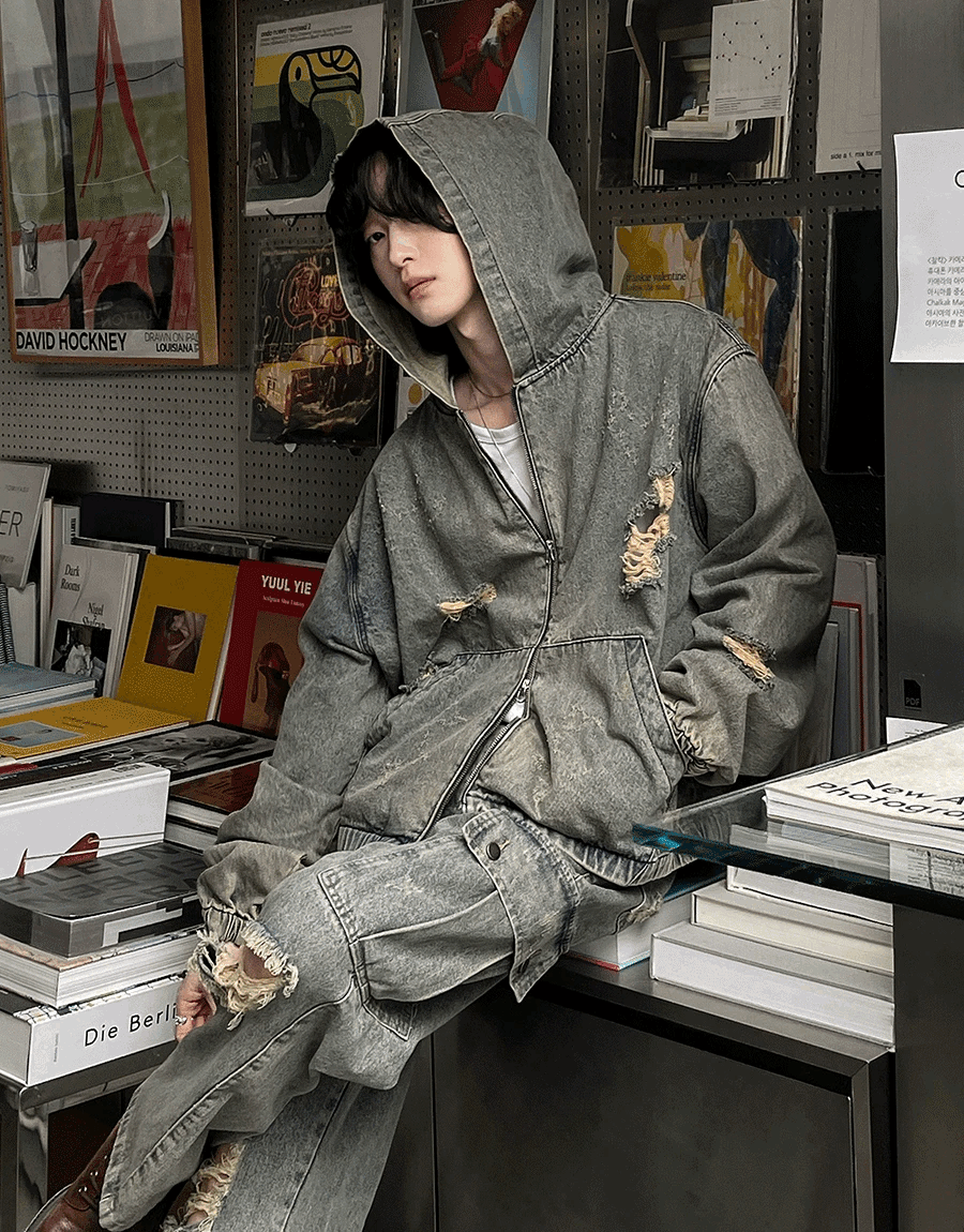 破壞設計牛仔連帽外套