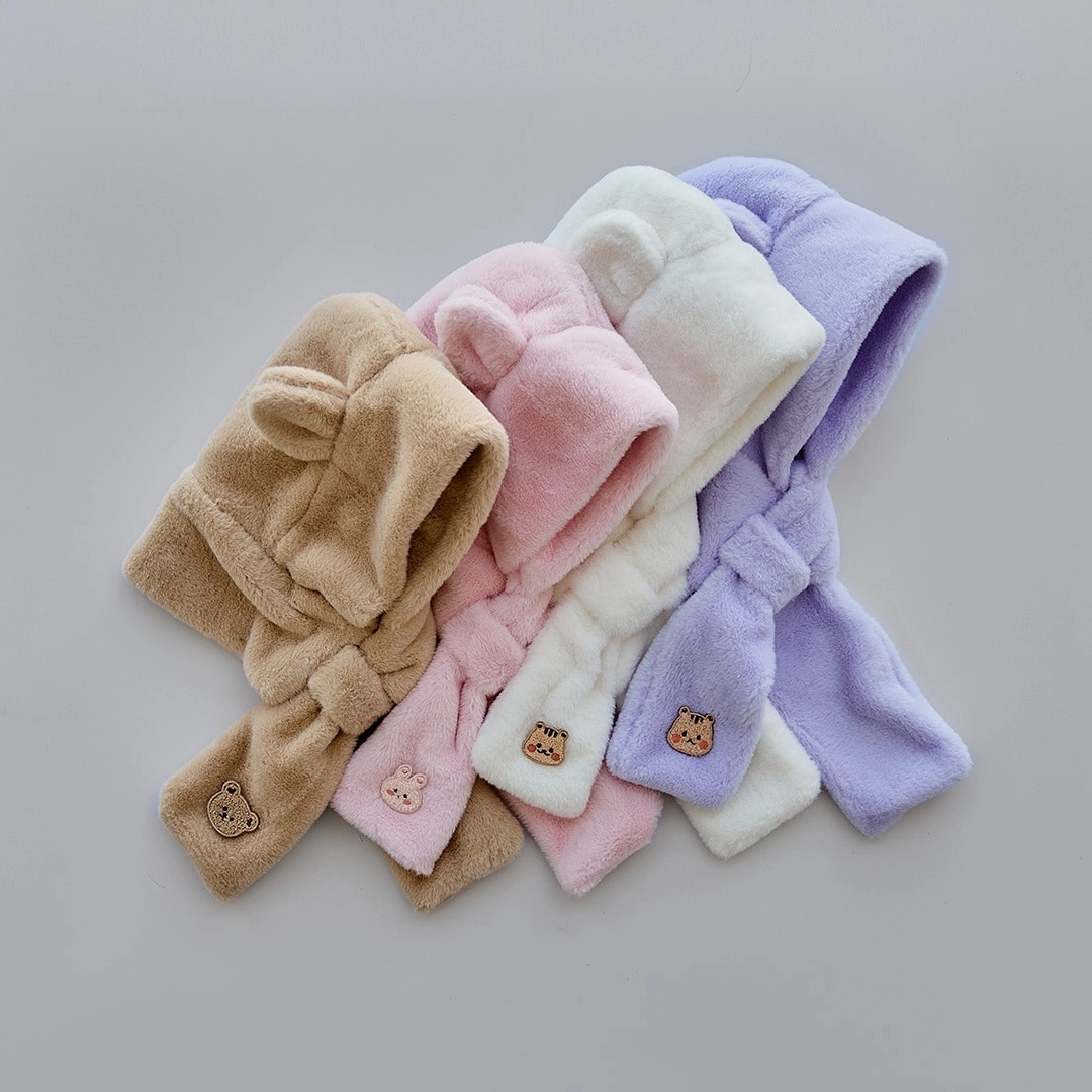 微纖維毛絨萌耳-連帽圍巾