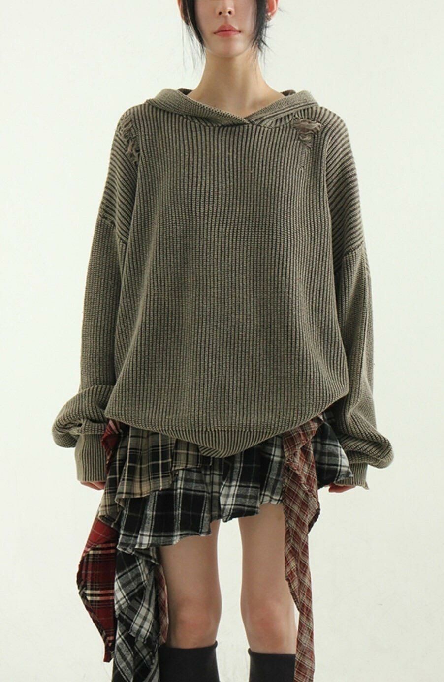 淨色破洞連帽針織衫 GLAMOUR-043T